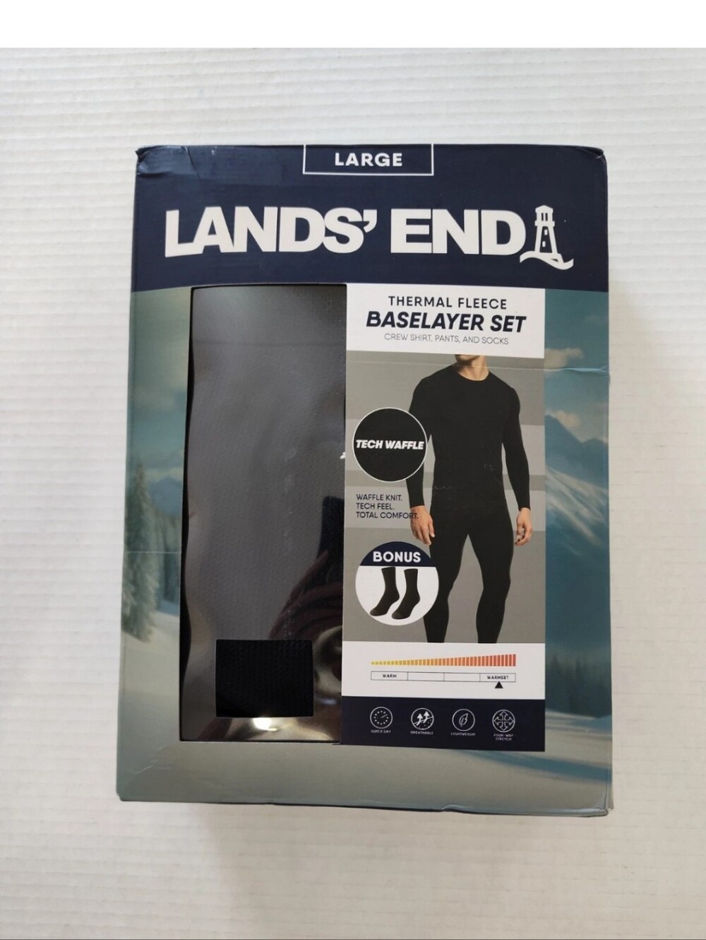 Lands End Thermal Base Layer Waffle Set Bonus Socks Sz L Top & Pants *Open Box*